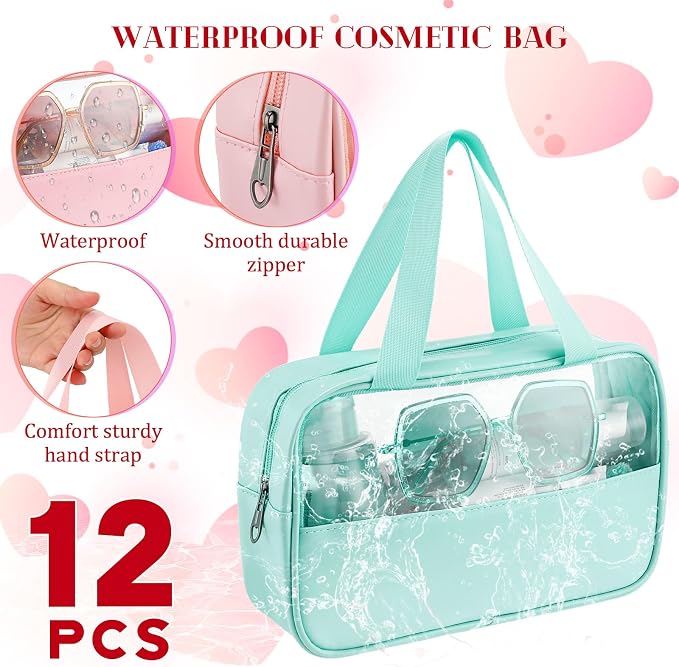 Buryeah 12 Pcs Translucent Make up Bag Toiletry Organizer for Women Men Waterproof Portable Cosmetic Travel Bag with Hanging Handles Travel Storage Carry Pouch Gifts for Bridesmaid (Multicolor) - Image 6