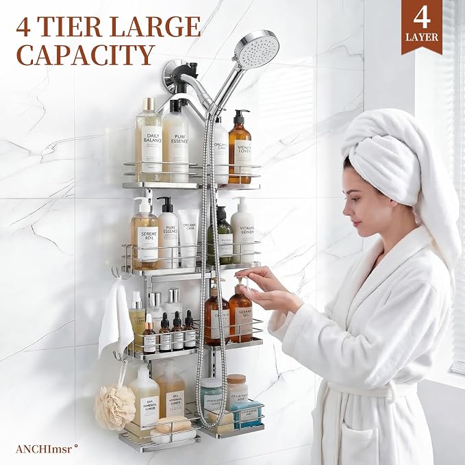 4-Tier Adjustable Hanging Shower Caddy for Handheld Showerhead, Silver | Rustproof Shower Rack Baskets, Anti-Swing Hanging Shower Organizer for Bathroom Storage with 2 S-Hooks, Large Capacity - Image 9