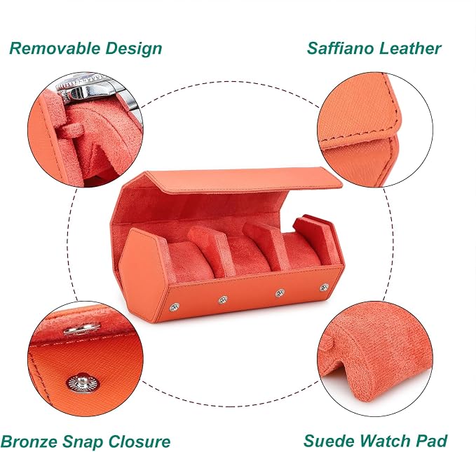 Hiram Genuine Leather Saffiano Leather Watch Roll Travel Case, Leather 1-Watches Roll Case for Treasured Watches and Bracelets(Orange) - Image 4
