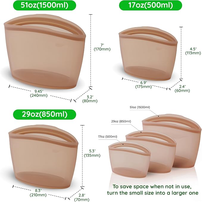 Reusable Silicone Food Storage Bags, 3-Pack Variety Set (2, 3.5, 6 Cups), Made in Korea BPA-Free Silicone, Triple-Airtight Freezer Bags, Microwave Safe, Sous Vide, Zip Lock Pouch, Brown - Image 7