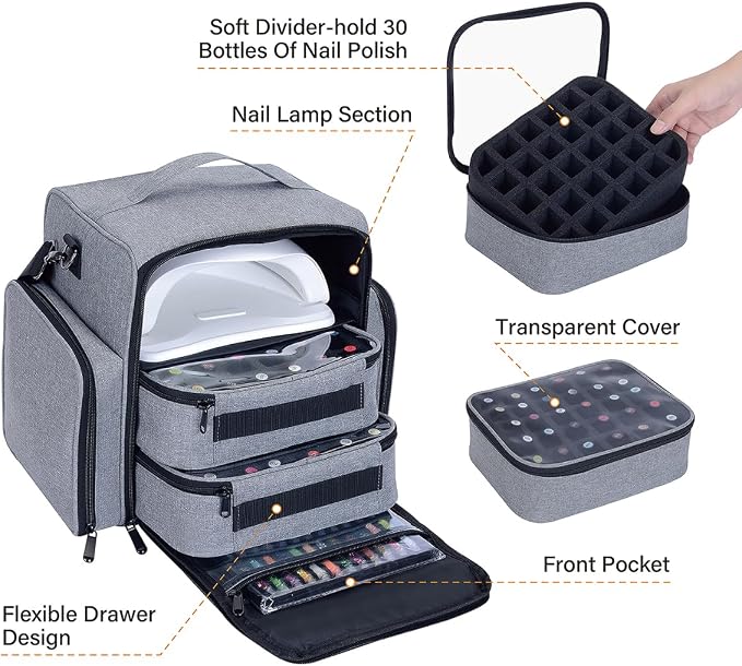 Nail Polish Organizer Case Hold 60 Bottles with 2 Detachable Bag,Grey | Portable Travel Storage Box Designed for Women's Nail Tools, Essential Oils and Cosmetics Sets - Image 4