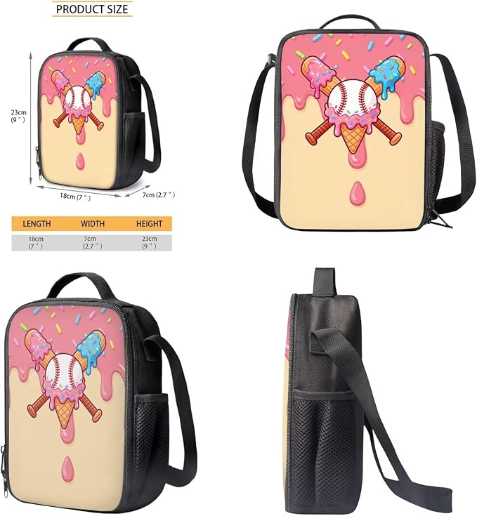 Baseball Drip Ice Cream Print Reusable School Bookbag Set for Boys and Girls, Lightweight Large Backpack Set with Insulated Lunch Bag Pen Case, Durable Knapsack Set for School, Pink Beige - Image 6