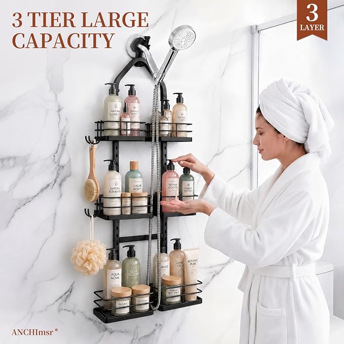 3-Tier Adjustable Hanging Shower Caddy for Handheld Showerhead, Black | Rustproof Shower Rack Baskets, Anti-Swing Hanging Shower Organizer for Bathroom Storage with 2 S-Hooks, Large Capacity - Image 9