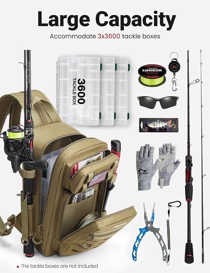 Piscifun Fishing Backpack Tackle Bag with 2 Rod Holders, Multi-Compartment Storage, MOLLE System, Water-Resistant Lightweight Outdoor Pack - Image 7