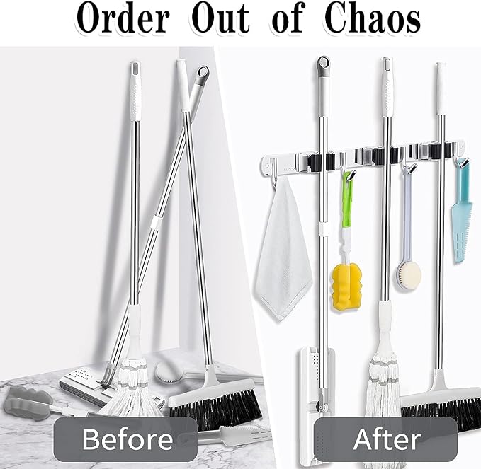 2 Pack 3 Racks and 4 Hooks Broom and Mop Holder Wall Mounted Garage Organizer Storage Tool Racks Stainless Steel Heavy Duty Hooks Self Adhesive Solid Non-slip Wall Hangers for Home Kitchen Garden - Image 6