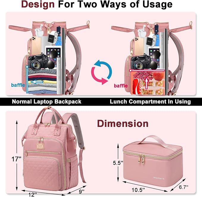 Weitars Lunch Backpack For Women,15.6 Inch Laptop Backpacks For Womens Back pack, Travel Backpacks,Work Backpack For Women (Pink) - Image 4