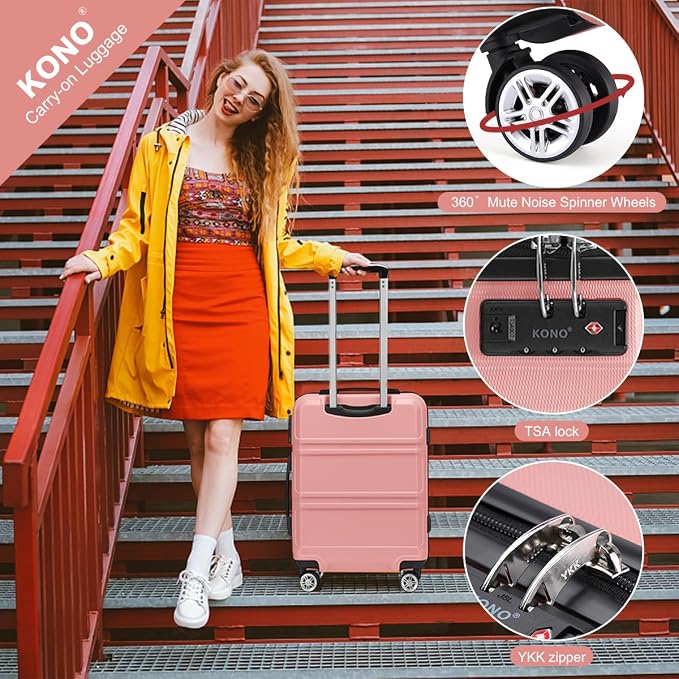 Kono Suitcase Set 2 Piece Carry On with Tote Bag | Lightweight PC+ABS Hardside Luggage with TSA Lock Spinner Wheels Nude/Rose Pink - Image 4