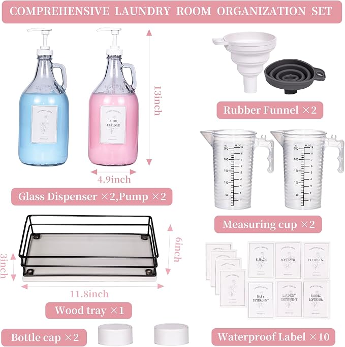 2 Pcs Glass Liquid Laundry Detergent Dispenser, Half Gallon Dispenser for Laundry Room (64 oz. Each), Laundry Detergent Bottles with Pump Dispenser -Includes Labels, Measuring Cups,Wooden Stand - Image 2