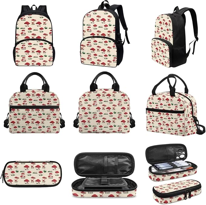Beige Mushroom Backpack with Lunch Box and Pencil Case Girls Comfy Padded Cute School Backpack Set of 3 Bookbag for Student Lightweight Large Capacity Daypack - Image 3