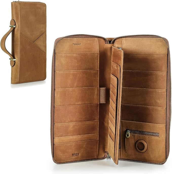 CONTACTS Family Passport Holder for 10 Full Grain Leather Passport Holder Compatible with Airtag Family Travel Document Organizer Multiple Passport Wallet with Rfid Blocking (Brown) by CONTACTS