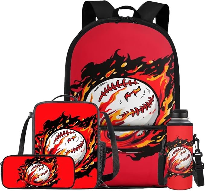 Fire Baseball Backpack for School Boys Backpack with Lunch Box Water Bottle Bag and Soft Pencil Case 4PCS Set Lightweight Bookbag with Front Pocket 17 inch Large Capacity Elementary School Bag by ELEDIZI