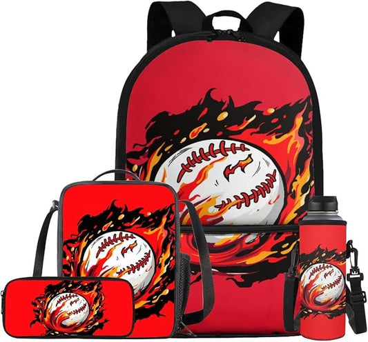 Fire Baseball Backpack for School Boys Backpack with Lunch Box Water Bottle Bag and Soft Pencil Case 4PCS Set Lightweight Bookbag with Front Pocket 17 inch Large Capacity Elementary School Bag by ELEDIZI
