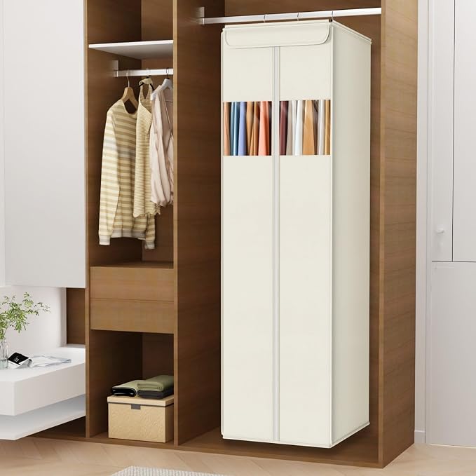 Zilink Long Dress Bag for Hanging Clothes 65" Dress Bags for Gowns Long with Clear Window Space Saving Dress Storage Bags Hanging for Long Dresses, Winter Coat, Trousers, Fur, Beige - Image 2