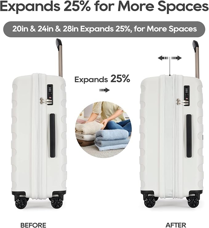 GinzaTravel PP material 3-piece expandable luggage sets with Spinner Wheels， Suitcase with TSA Lock，Large Luggage for Family Travel carry on 20/24/28，White color - Image 5