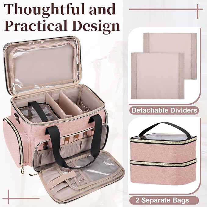 GDNasist Large Makeup Bag, Portable Travel Makeup Bag Organizer for Women Girls with 2 Removable Pouches & Detachable Dividers, Cosmetic Travel Bag, Toiletry Bag for Makeup and Hair Supplies Pink - Image 7