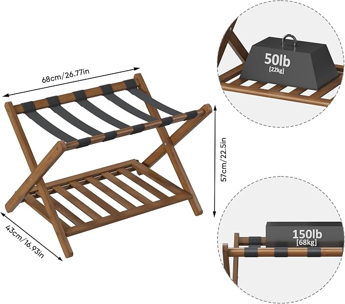 Smuxee Fully Assembled Black Walnut Luggage Rack, Upgraded Bamboo Foldable Suitcase Stand with 5 Nylon Straps, Luggage Holder with Shelf for Guest Room Bedroom Hotel - Image 6