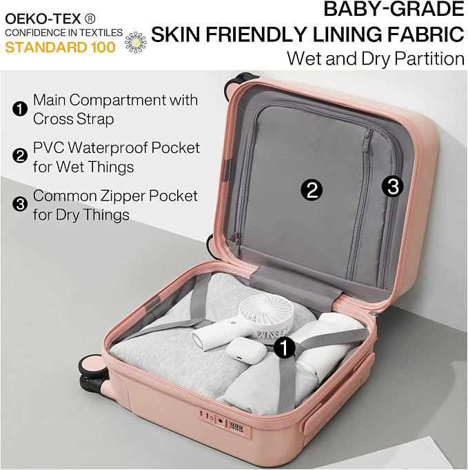 mixi 14 Inch Underseat Luggage Carry on Suitcase Free Boarding Personal Item Suitcases with Spinner Wheels Hardshell Lightweight PC for Short Travel, Pink - Image 5
