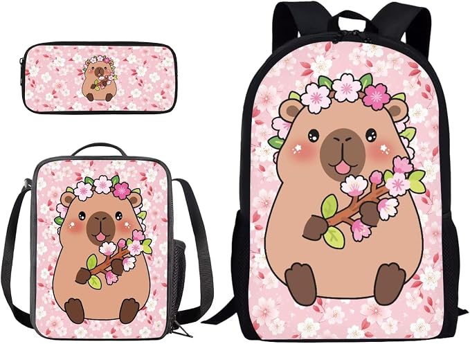 Capybara Bubble Tea Star Print Kids Backpask Set, Durable Lightweight School Bag Set with Lunch Bag and Pencil Case, Knapsack Set Suitable for School, Picnic or Travel, Pink by PCSJRKG