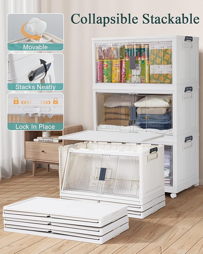 OlarHike 97QT Stackable Lockable Storage Bins with Lids - Folding Cabinet with Doors & Wheels, Collapsible Plastic Drawers for Closets and Organization, Garage, Shelves, College, School, 3 Pack Cubes - Image 2
