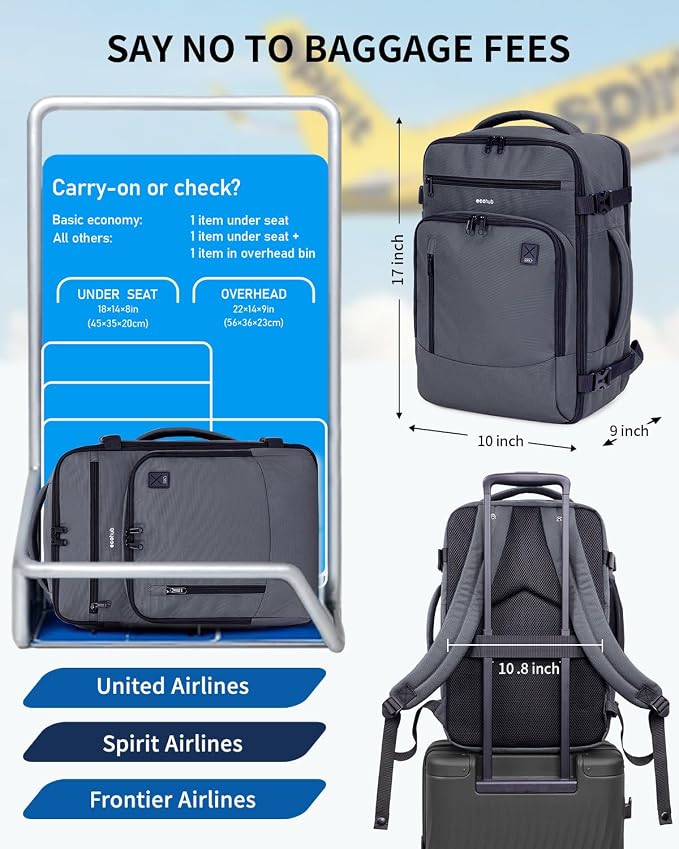 ECOHUB 17" Small Travel Backpack, United Airlines Personal Item Bag 17x10x9 with 16 Pockets, Water Resistant Rucksacks Fit 15.6" Laptop, AirTag Pocket, Lightweight Casual Daypack, 25L, Grey Green - Image 2