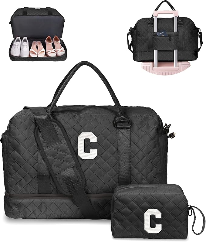 Birthday Gifts-for Women-Initial Duffle Bag with Shoe Compartment, Personalized Weekender Bag, Monogram Overnight Bag, Letter Travel Bag with Makeup Bag，Friend Wife Birthday Gift (Letter C) by Vogewood