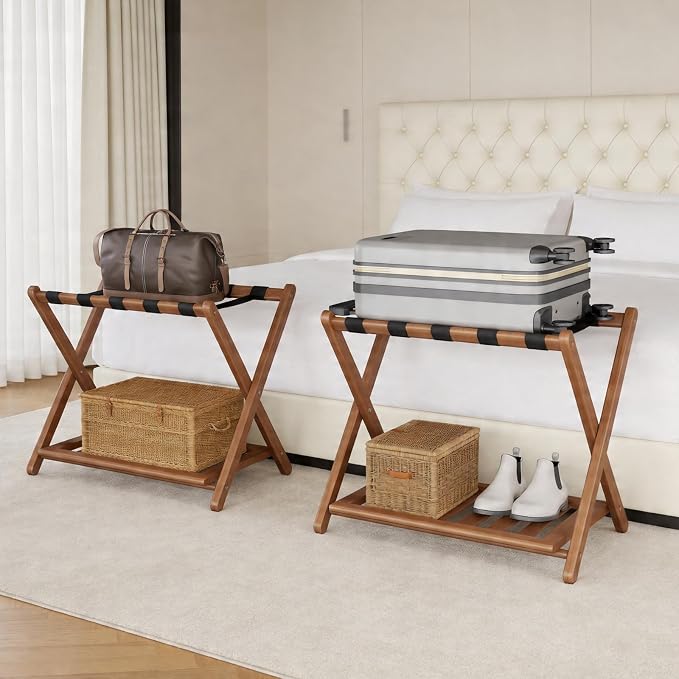 Full Assembled 26.77" L Luggage Rack Set of 2 - Luggage Stand for Guest Room, Foldable Suitcase Stand with Shoe Shelf, Luggage Holder for Bedroom, Hotel (Walnut Bamboo Suitcase Holders) - Image 9