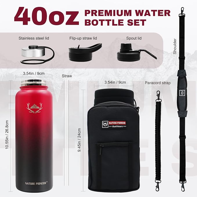 NATURE PIONEOR 40 oz Insulated Water Bottle with Carrier Bag & 3 Lids | 18/8 Food-grade Stainless Steel, Double Vacuum Insulation, 3 Leak-proof Lids, Strap, Camping, Hiking, Gym, Work - Image 6