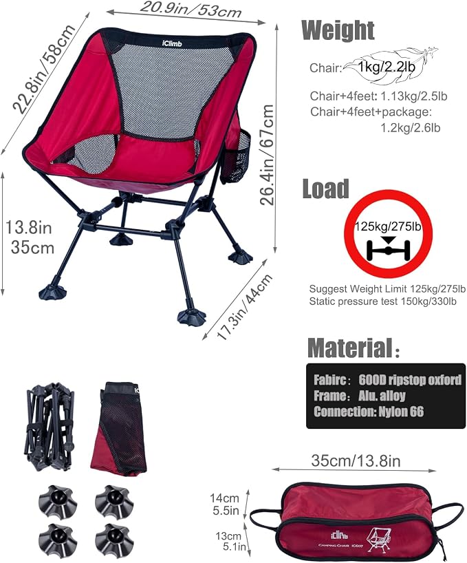 iClimb Ultralight Compact Camping Folding Beach Chair with Anti-Sinking Large Feet and Back Support Webbing (Red - Square Frame - 2PC) - Image 3