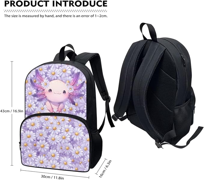 Axolotl Kid Backpack for Girls 8-10 Elementary School 3 Pcs School Bag Set with Lunch Box and Pencil Box Cute Bookbag for Travel Sports - Image 2
