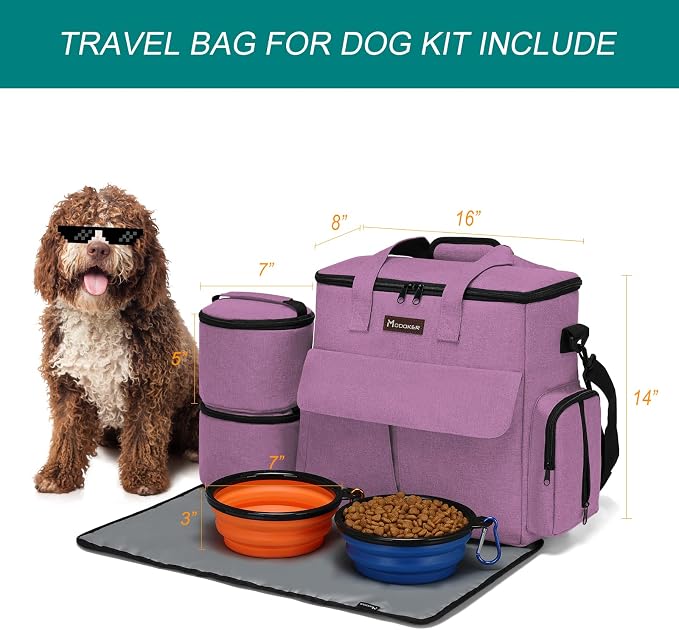 Modoker Dog Travel Bag with 2 Food Bags, 2 Bowls and 1 Mat (Pink) | Roomy Main Compartment | Multiple Functional Pockets | Water-Resistant Oxford Fabric | PVC Backing | Leak-Resistant Lining - Image 3