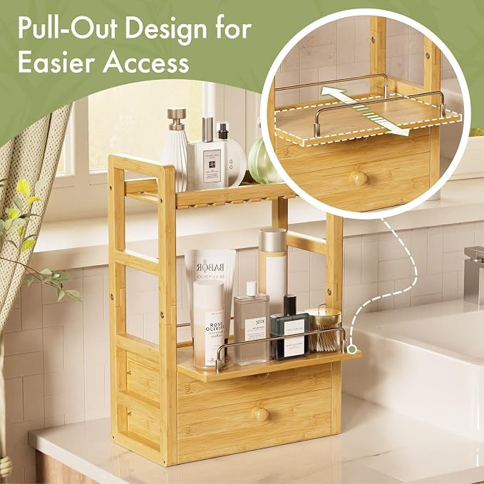 AmazerBath Bamboo Bathroom Countertop Organizer, 2-Tier Makeup Organizer with 2 Drawers, Vanity Organizer Storage Coffee Matcha Station, Compact Shelf for Bathroom Kitchen Office - Image 4