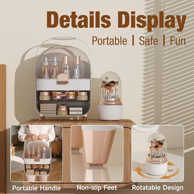 Makeup Organizer Countertop & 360° Rotating Makeup Brush Holder, Skincare Holder with Lid and Drawers, Storage Box Cosmetic Display Cases, Teen Girl Gifts, Vanity, Bathroom Counter,Rose Gold - Image 4