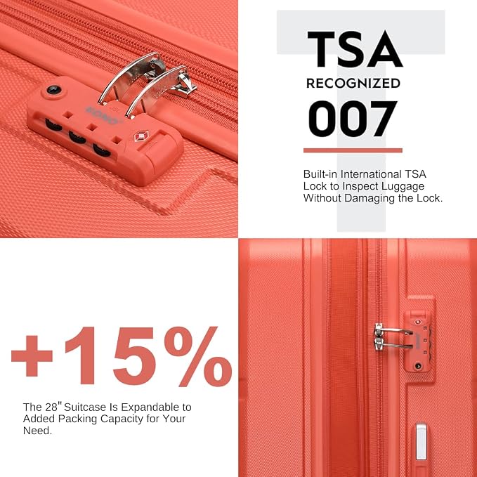 Kono 4 Piece Luggage Sets Expandable(only 28") with Spinner Wheels TSA Lock Lightweight PC+ABS Hardside Travel Rolling Suitcases 20in 24in 28in Carry on and 12in Mini Cosmetic Case Coral Pink | Lightweight PC+ABS Hardside Travel Rolling Suitcases 20in ... - Image 4