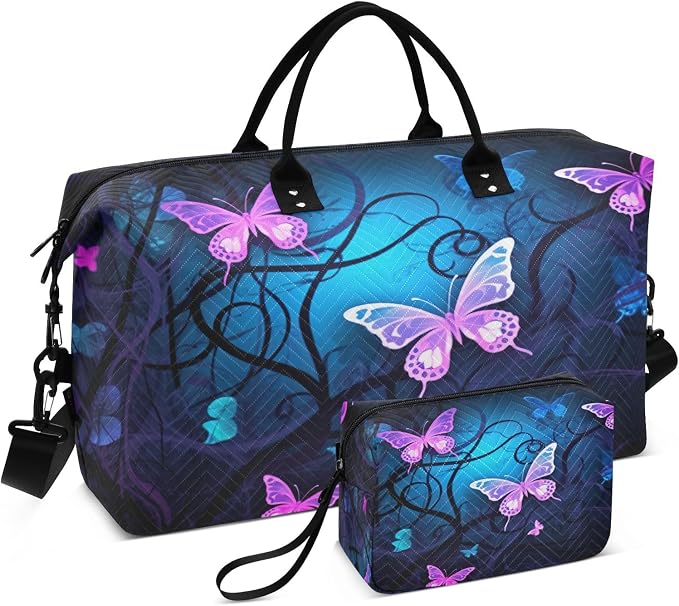 YETTASBIN Travel Duffel Bag for Women Men, Purple Blue Butterfly Large Waterproof Weekender Overnight Bag, Detachable Shoulder Strap Travel Sport Gym Bag with Toiletry Bag by Unknown
