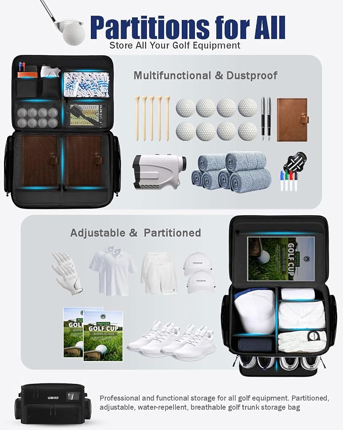 LOINTET Golf Trunk Organizer, Waterproof Car Golf Locker with Separate Ventilated Compartment for 2 Pair Shoes, Golf Storage for Balls, Tees, Cap, Clothes, Gloves, Accessories, Gifts for Men, Women - Image 2