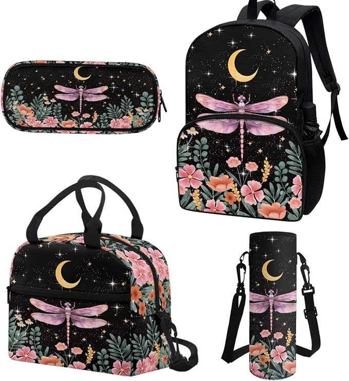 4 Pack Kids Backpack Moon And Stars Dragonfly Backpack for Girls，with Insulated Lunch Box Pencil Case Water Bottle Holder Bag Lightweight Casual Daypack for Preschool,Elementary，Middle - Image 2