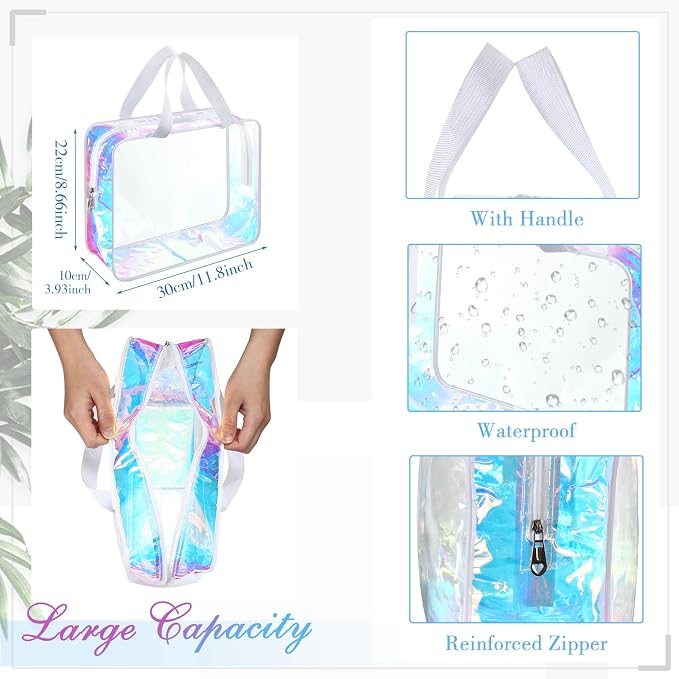 Sweetude 6 Pcs Large Clear Toiletry Bag with Handle Large Capacity Travel Iridescent Beach Makeup Bag PVC Clear Plastic Tote Punch Cosmetic Clothes Storage Organizer for Women Men (White) - Image 2
