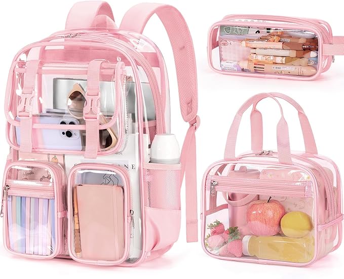 Fimibuke Clear Backpack for Girls - 3 PCS Heavy Duty Kids Clear Bags Schoolbag Large Transparent PVC Bookbag with Lunch Box Pencil Case Set for Travel School Concert Stadium Events Backpacks by Fimibuke