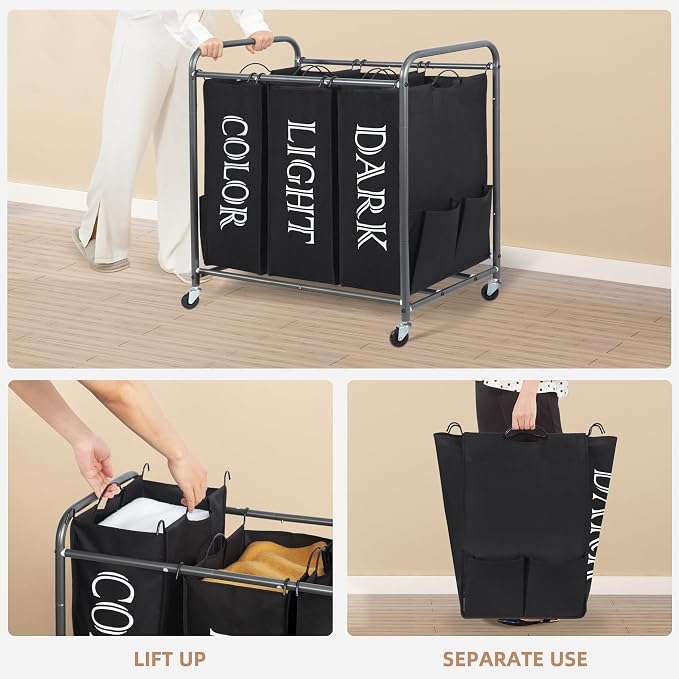 STORAGE MANIAC 3 Section Laundry Sorter, 35.6 Gal (135 L) Laundry Hamper Cart with Heavy Duty Rolling Lockable Wheels and Removable Bags, Clothes Organizer Basket Separator Hamper, Label Black - Image 4