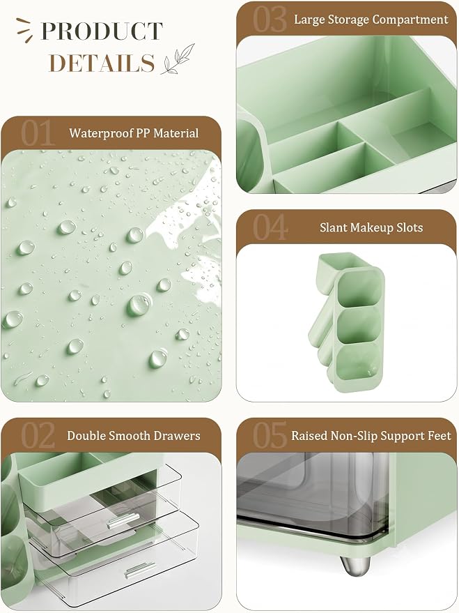Makeup Organizer with Drawers,Large Capacity Countertop Organizer for Vanity,Bathroom and Bedroom Desk Cosmetics Organizer,Easy To Storage Skincare,Brushes,Lotions (Green) - Image 2