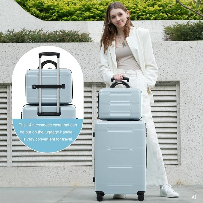 Light Blue 6 Piece Luggage Set Hard Shell - Checked Suitcases with Spinner Wheels and Duffel Bags for Family Travel, Durable Carry On Luggage Sets with Lock & Cosmetic Case for Women and Men - Image 9