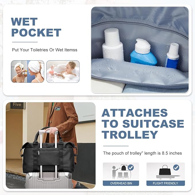Travel Duffel Bag, Carry On Overnight Weekender Bags for Women | Travel Bag with Wet Pocket & Trolley Sleeve, For Spirit Airlines 18x14x8 Personal Item Bag - Image 7