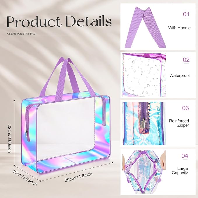 Sweetude 6 Pcs Large Clear Toiletry Bag with Handle Large Capacity Travel Iridescent Beach Makeup Bag PVC Clear Plastic Tote Punch Cosmetic Clothes Storage Organizer for Women Men (Purple) - Image 3