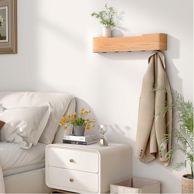 Wall Mounted Coat Rack with Shelf, Wooden Entryway Organizer with Hidden Metal Hooks for Hanging Coats Bags Keys, Modern Floating Shelf for Hallway Bathroom - Image 7