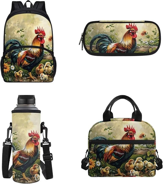 4Pcs Chicken Pattern School Backpack Set for Boys Girls,Cute Hen and Chick Bookbag with Lunch Box Pencil Case Water Carrier Pouch for Kindergarten Preschool Students by Chririnla