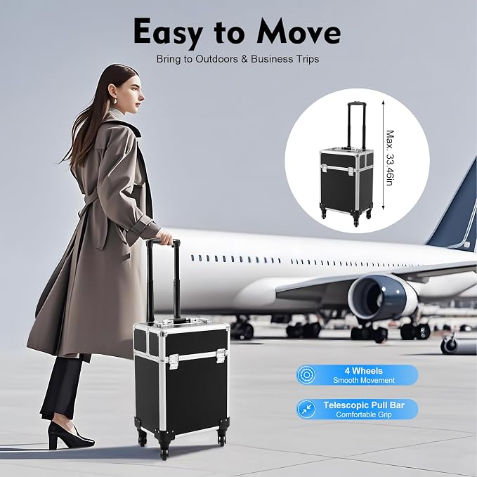Professional Makeup Train Case, Aluminum Cosmetic Case with Silent Wheels, 4 Folded Tray & Retractable Pull Rod, 13.2Lbs Capacity Rolling Makeup Trolley Case for Travel Makeup/Nail Art/Hair Styling - Image 5