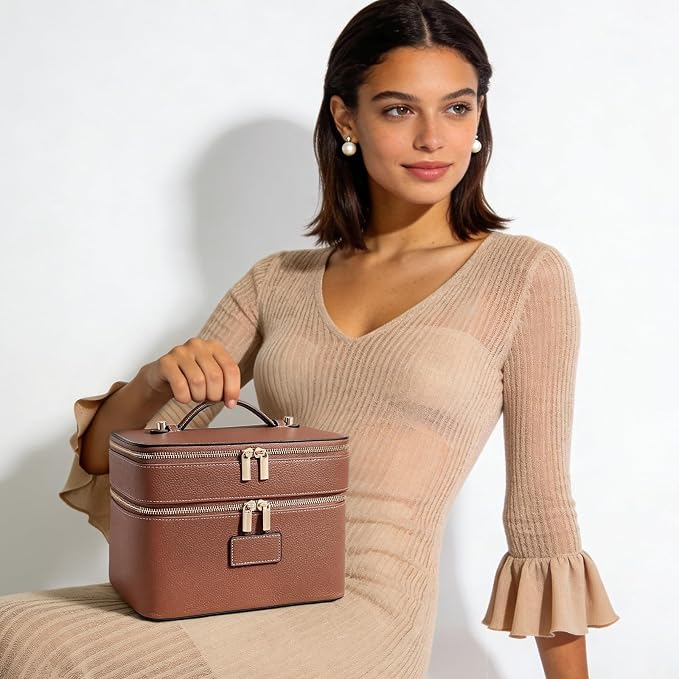 HiTotes Large Makeup Bag Duo Vanity Case for Women Leather Makeup Case Travel Toiletry Bag Portable Double Layer Cosmetic Bag - Image 6