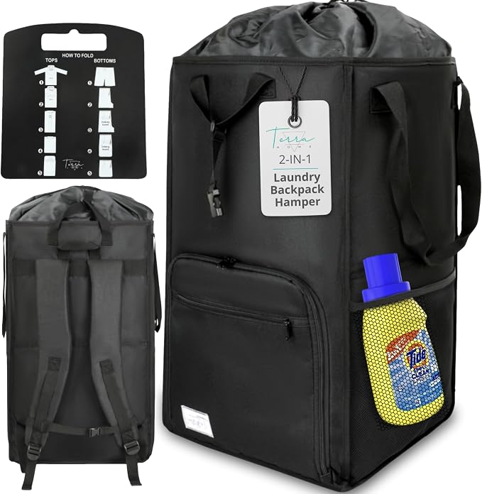 TERRA HOME College Essentials Travel Size Laundry Backpack - Portable, Durable, Foldable - Laundry Bag with Pockets for College Dorms - Extra Large Laundry Carrying Bag with Strap (Black) by TERRAHOME