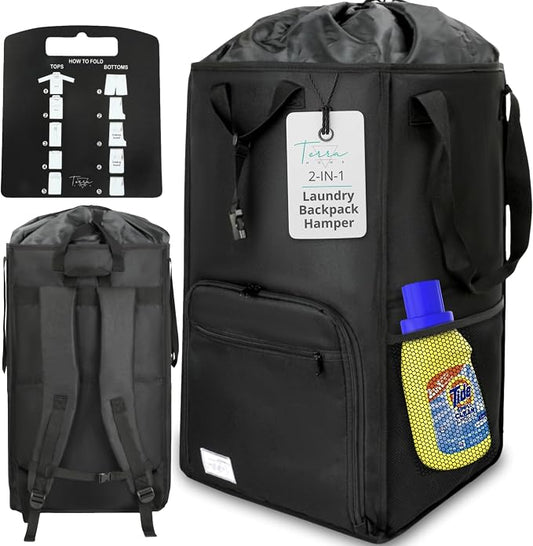 TERRA HOME College Essentials Travel Size Laundry Backpack - Portable, Durable, Foldable - Laundry Bag with Pockets for College Dorms - Extra Large Laundry Carrying Bag with Strap (Black) by TERRAHOME