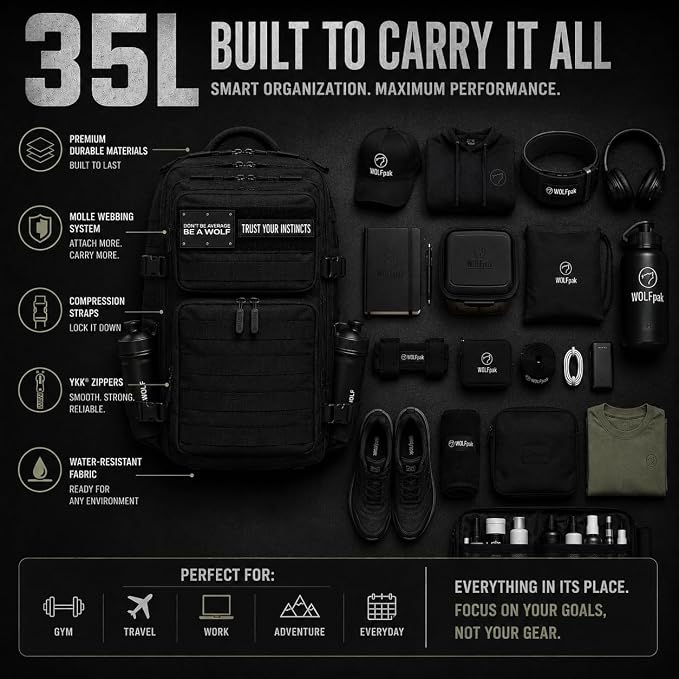 WOLFpak 35L Tactical Gym Backpack (Alpha Black) Durable 1000D Waterproof Oxford Material with MOLLE Webbing, Laptop Pocket & Dual Cup Holders, Durable Fitness/Travel/Military Daypack - Image 6